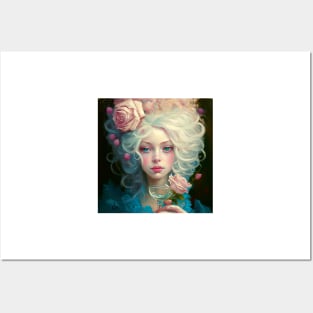 Marie Antoinette with afternoon wine and pink roses Posters and Art